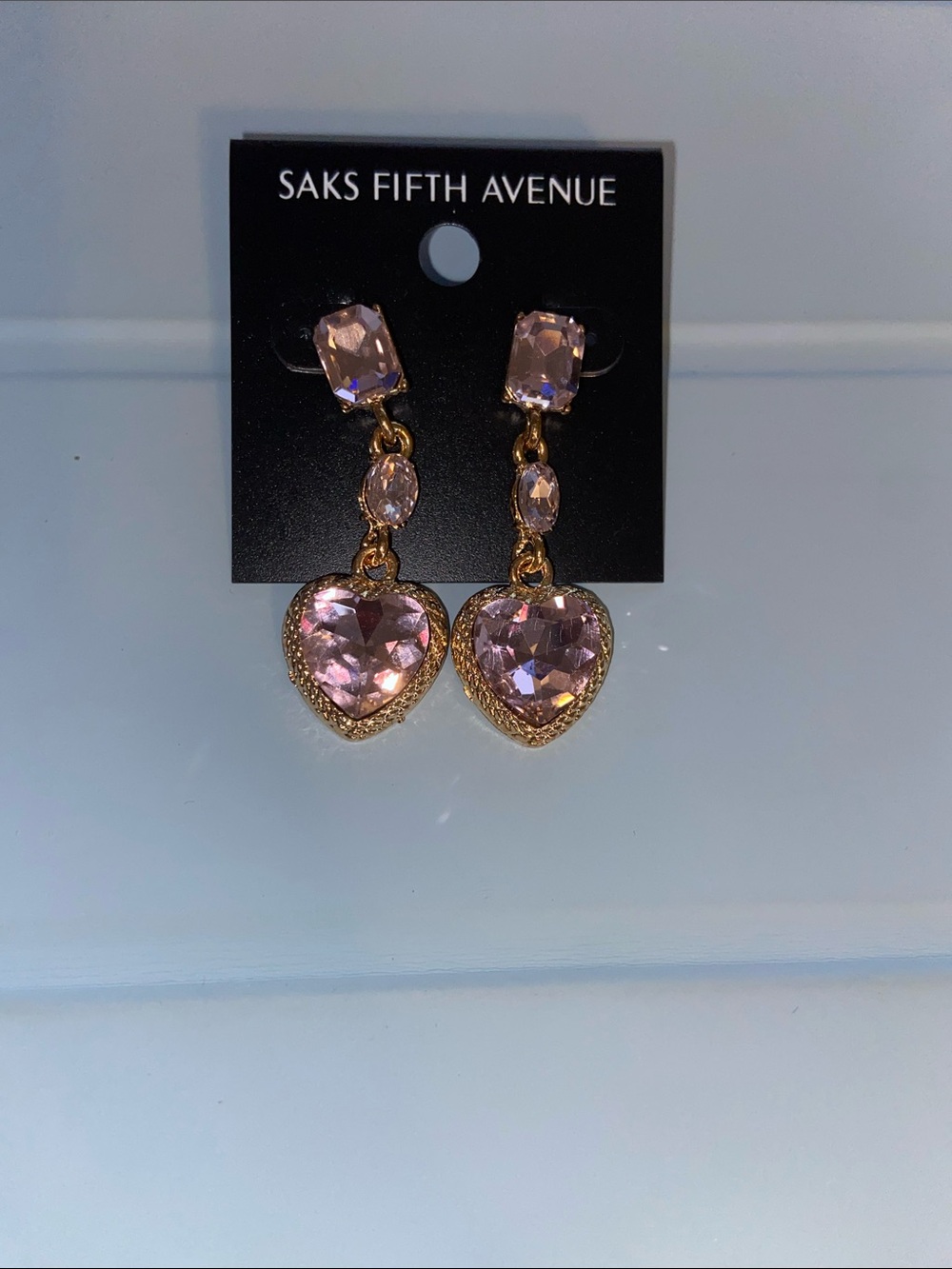 Saks Fifth Avenue Gold-Tone Pink Crystal Heart Dangle Earrings
